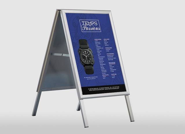 Impression grand format — Temps & Passions : chevalet trottoir affiche horlogerie