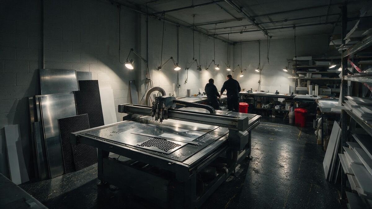 Vue d'ensemble de l'atelier de fabrication de signalétique de Diferance à Villeneuve-Loubet