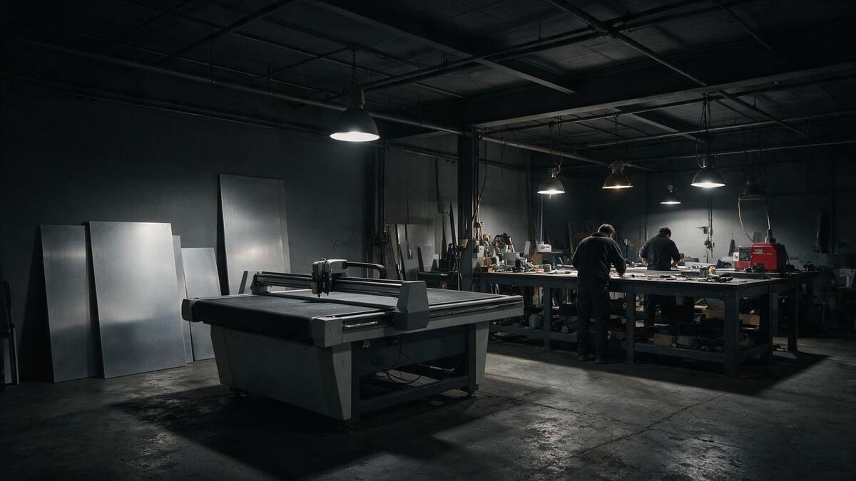 Atelier de production Diferance : table de découpe, établis et panneaux de signalétique