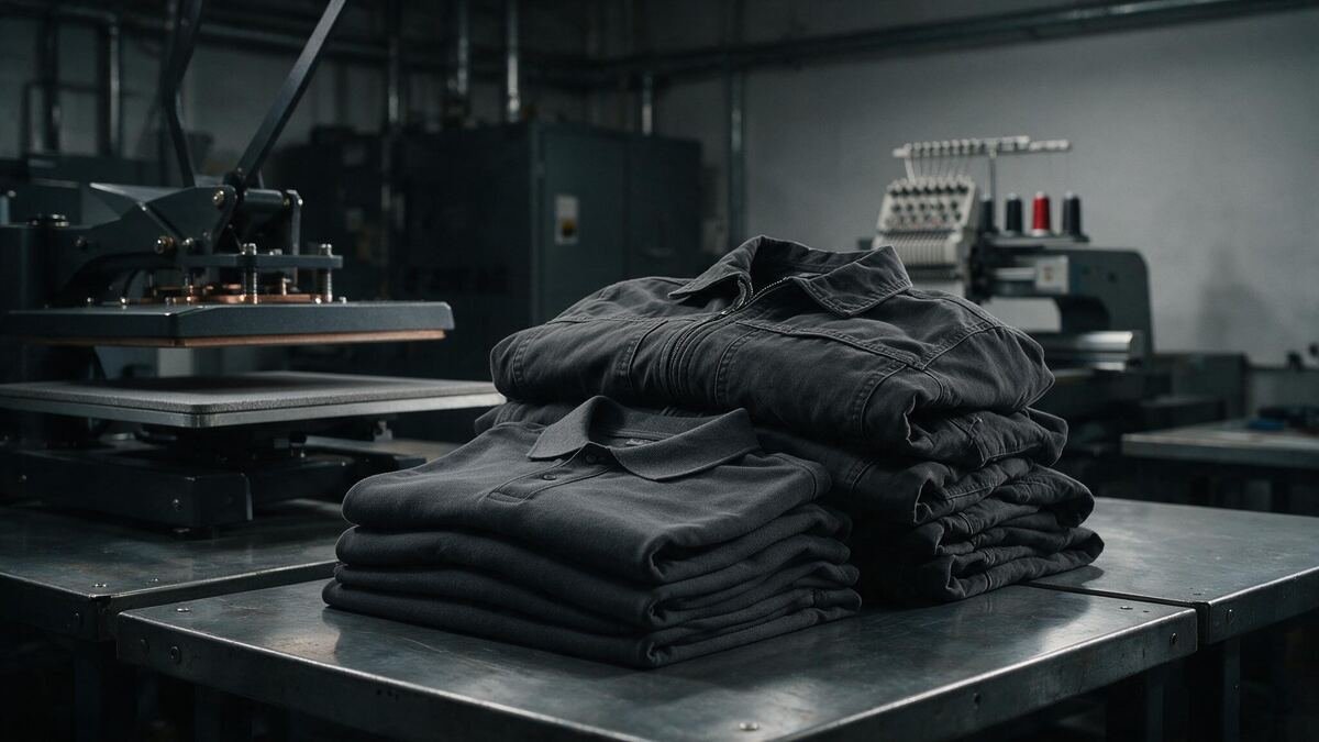 Machine à broder industrielle et vêtements de travail prêts à être marqués