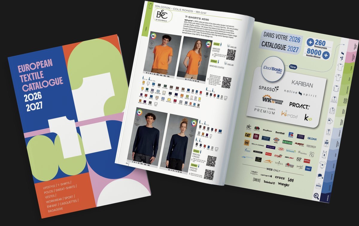 Catalogue textile Diferance 2026-2027 : couverture et double page intérieure, 1 188 pages de vêtements personnalisables