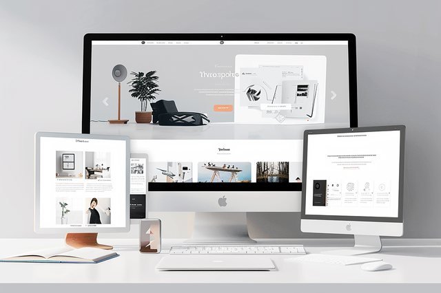 Maquette de site internet présentée sur un grand écran, une tablette et un téléphone dans un studio clair