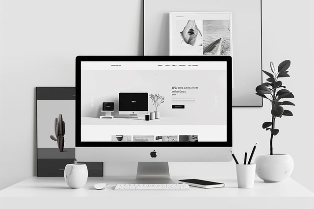 Poste de conception web : maquette de site sur écran, planches de recherche et carnet de croquis