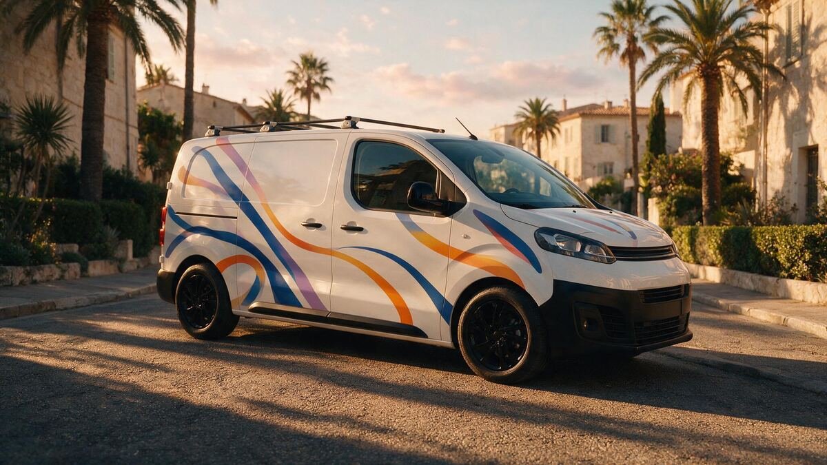 Utilitaire de flotte au marquage couleur, sous les palmiers de la Côte d'Azur