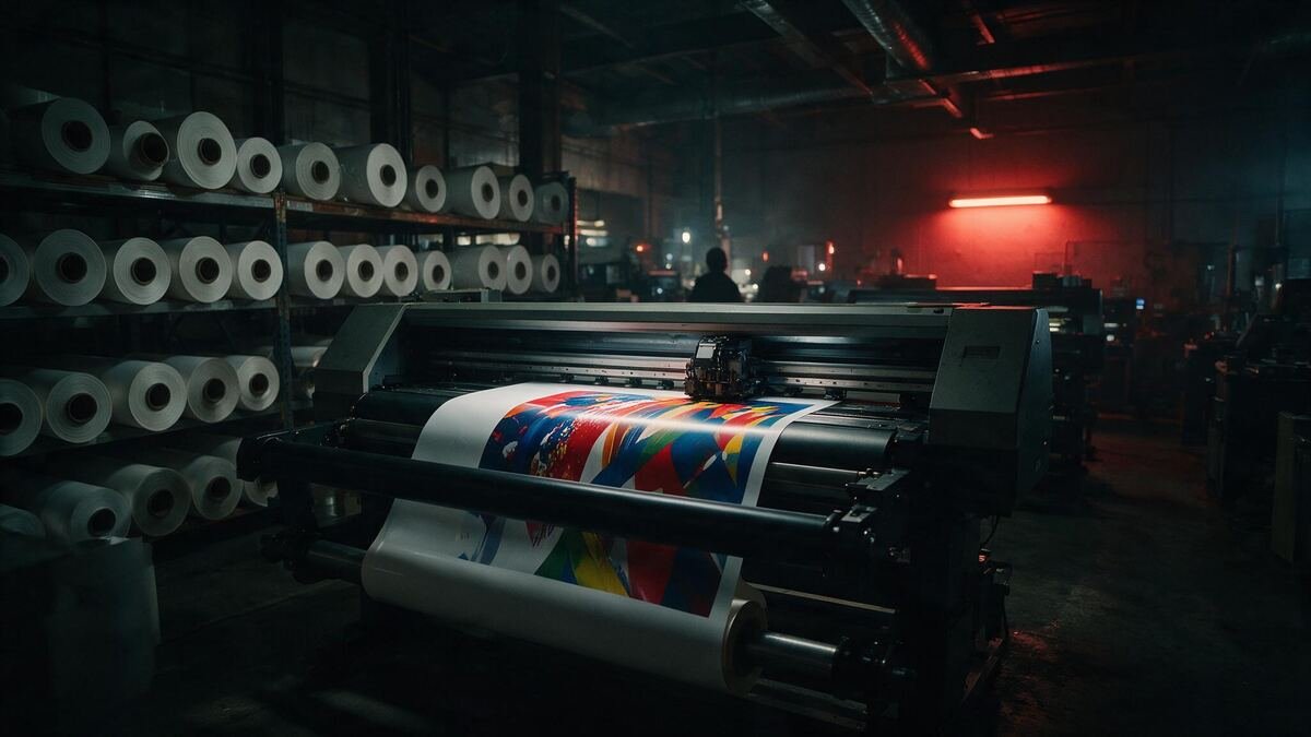 Traceur grand format en production et rouleaux de média dans l'atelier de Villeneuve-Loubet