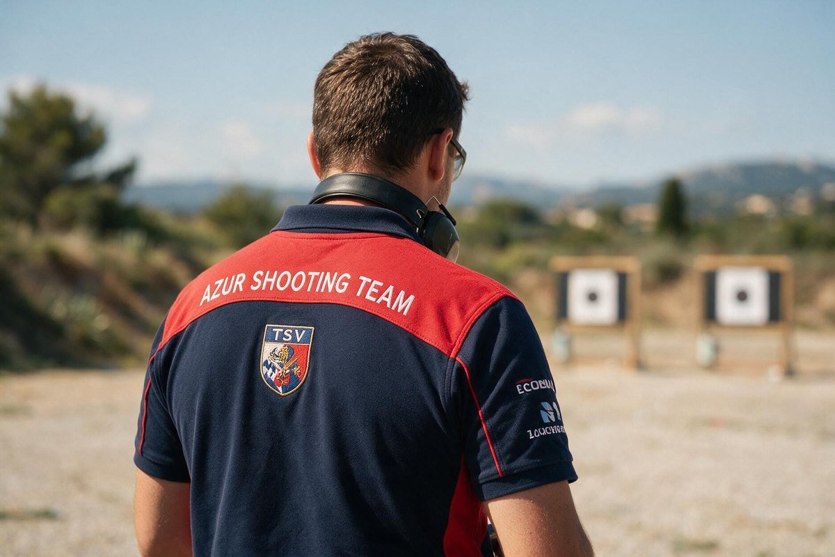 Tireur sportif portant le polo personnalisé de son club sur un pas de tir extérieur