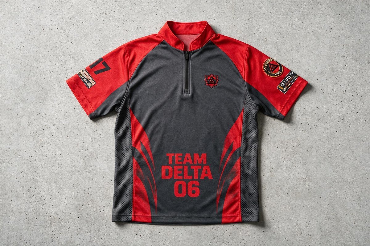 Maillot d'équipe de tir sportif sublimé, à plat, avec nom du tireur et écussons de sponsors