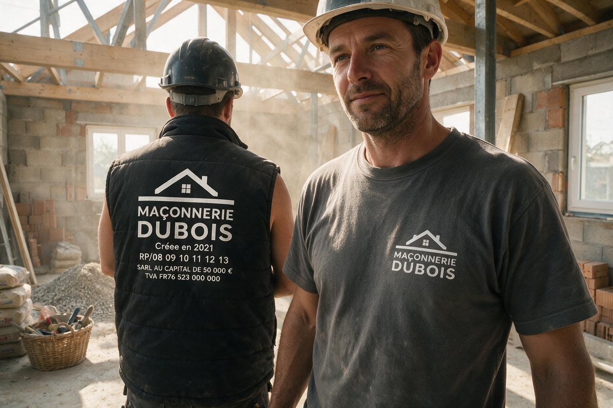 Artisan du bâtiment en t-shirt floqué et doudoune sans manches marquée au dos, sur un chantier