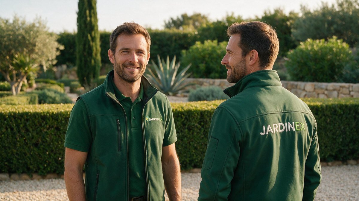 Paysagistes en polo brodé et softshell floquée au nom de leur entreprise, devant un jardin méditerranéen