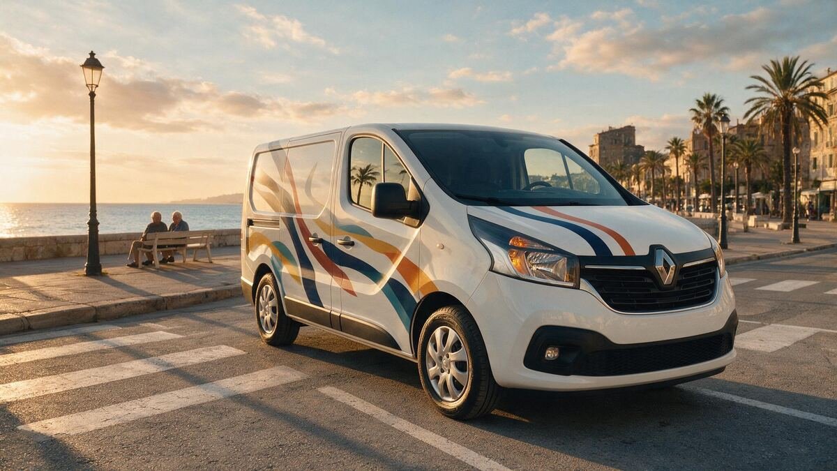 Utilitaire d'entreprise habillé d'un marquage adhésif couleur, garé face à la mer sur la Côte d'Azur