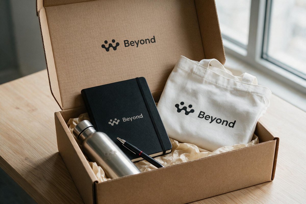 Box de bienvenue collaborateur ouverte : carnet, gourde, stylo et tote bag personnalisés dans un carton kraft marqué