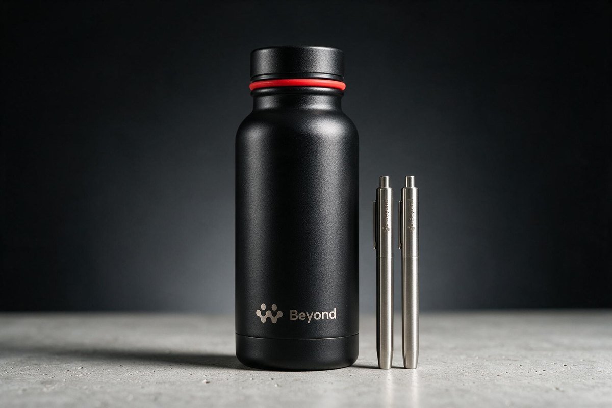 Gourde isotherme en métal noir gravée au laser et stylos en aluminium marqués au logo d'entreprise