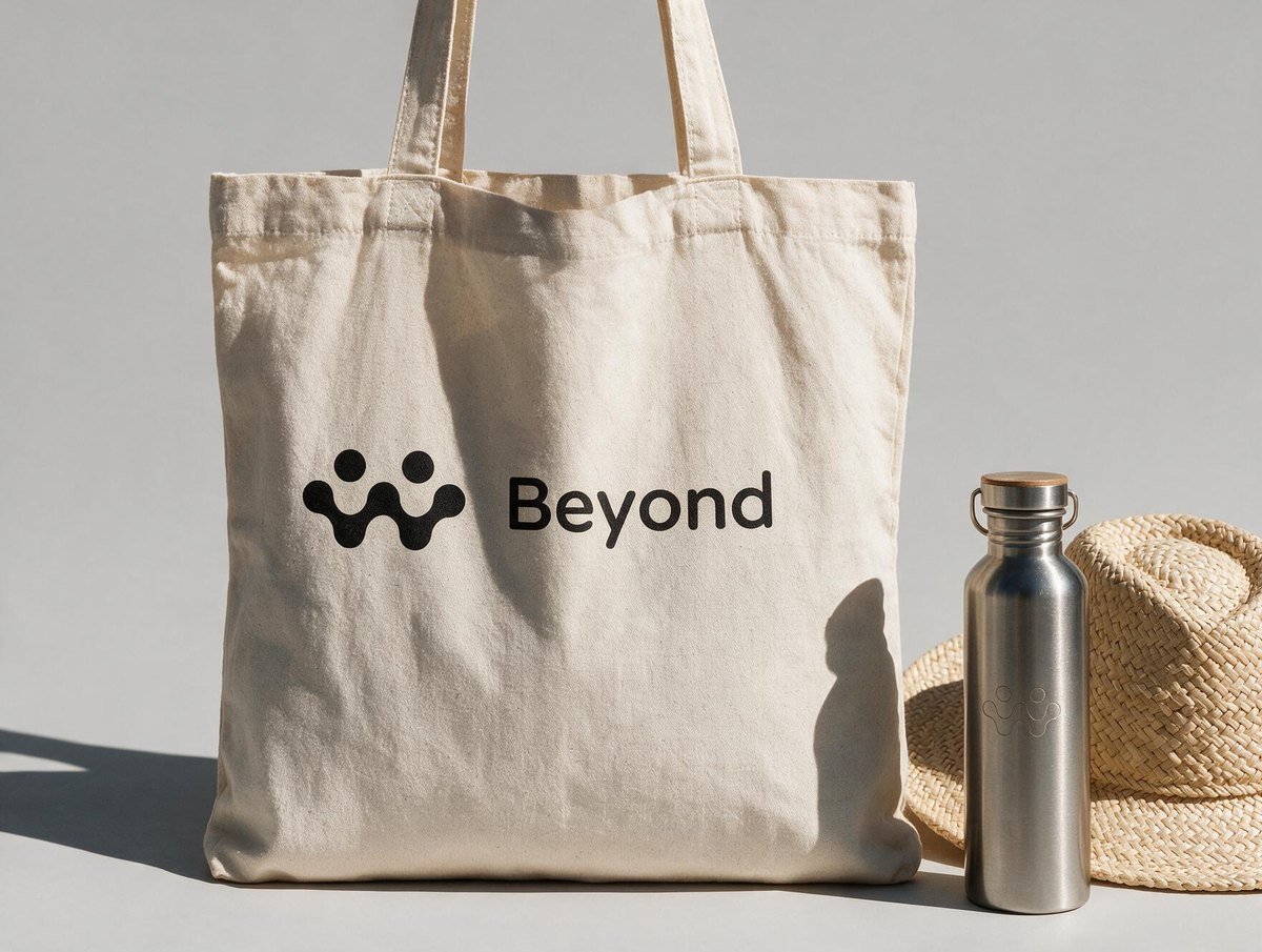 Tote bag en coton sérigraphié d'un logo d'entreprise, avec gourde en métal brossé et chapeau de paille