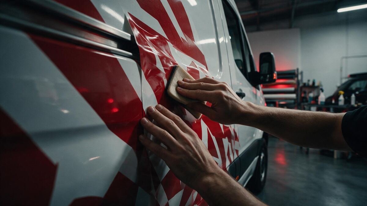 Poseur appliquant un adhésif rouge et blanc à la raclette sur la carrosserie d'un utilitaire en atelier