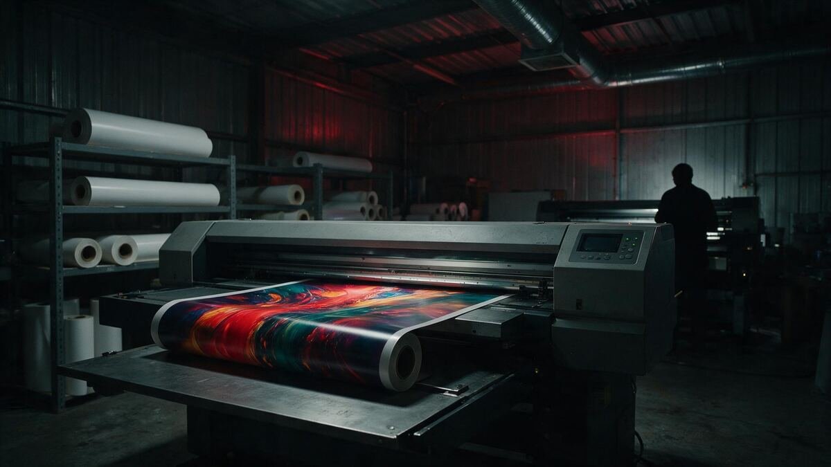Rouleaux de vinyle et de bâche stockés dans l'atelier d'impression grand format