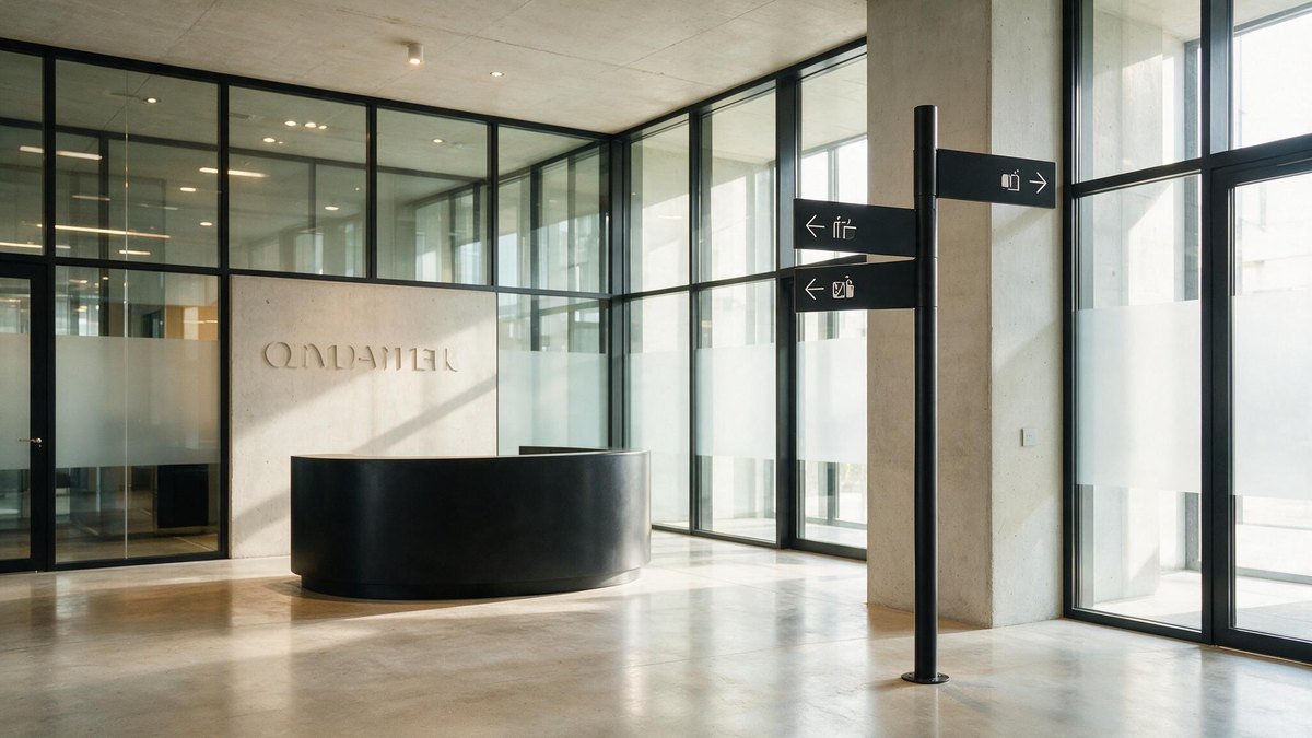 Totem d'accueil et signalétique directionnelle dans le hall d'un immeuble de bureaux