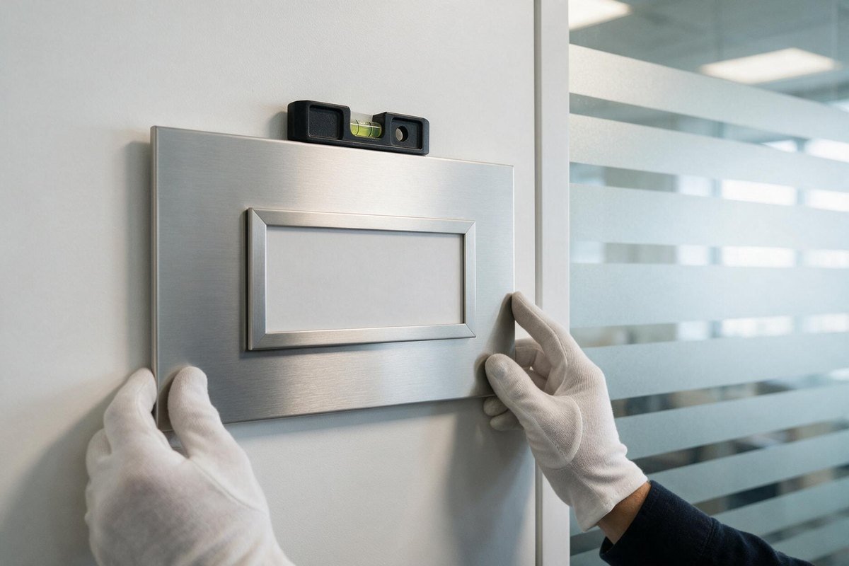 Pose d'une plaque de porte en aluminium brossé à porte-nom interchangeable
