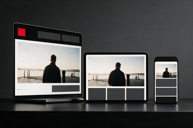 Un même site vitrine affiché sur ordinateur portable, tablette et téléphone, sur fond sombre