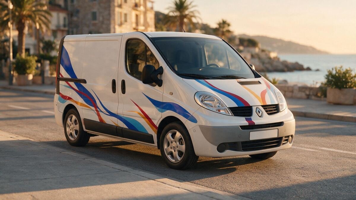 Véhicule utilitaire marqué stationné dans une rue méditerranéenne des Alpes-Maritimes